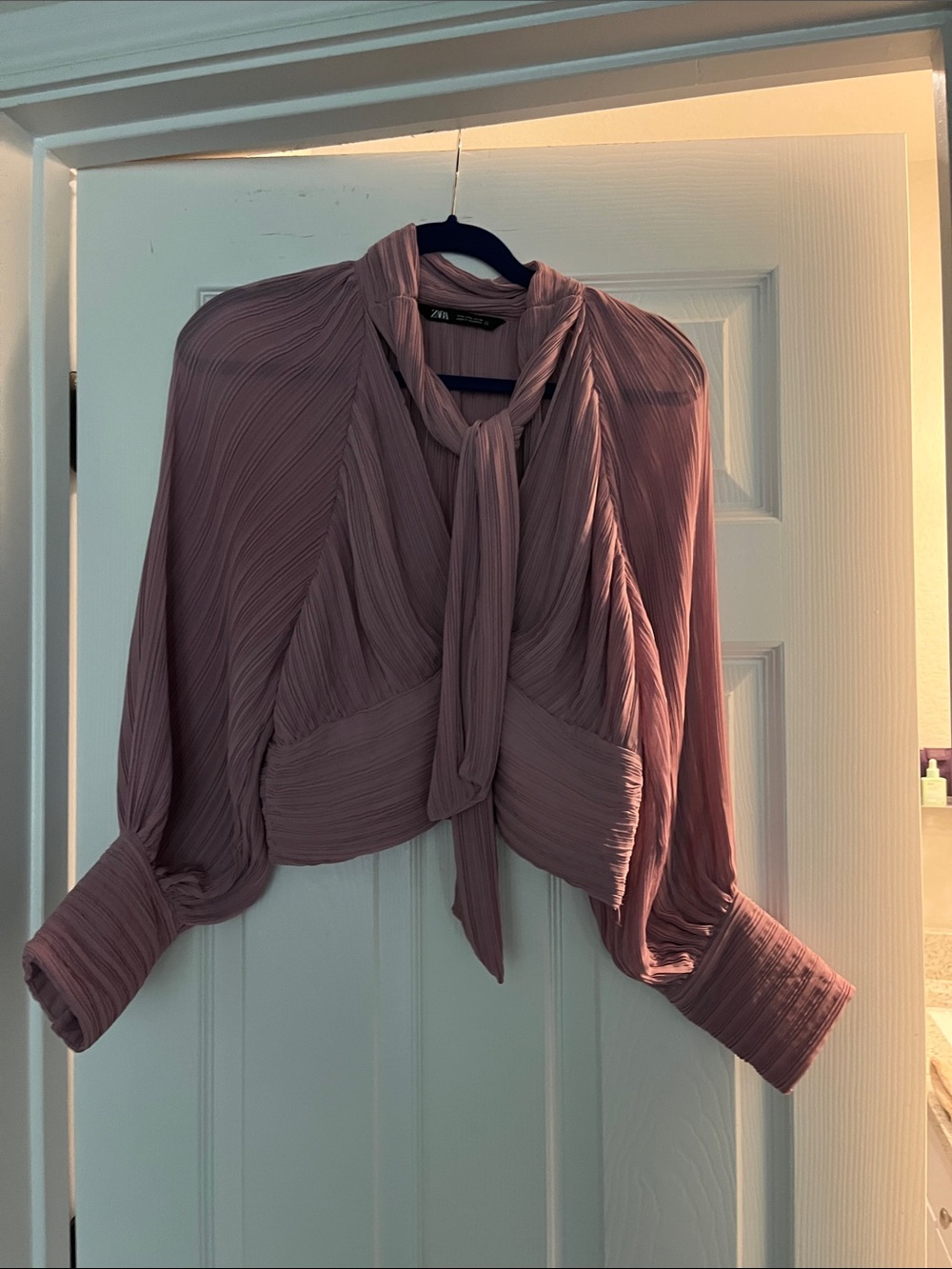 Zara Mauve Pleated Tie-Neck Blouse